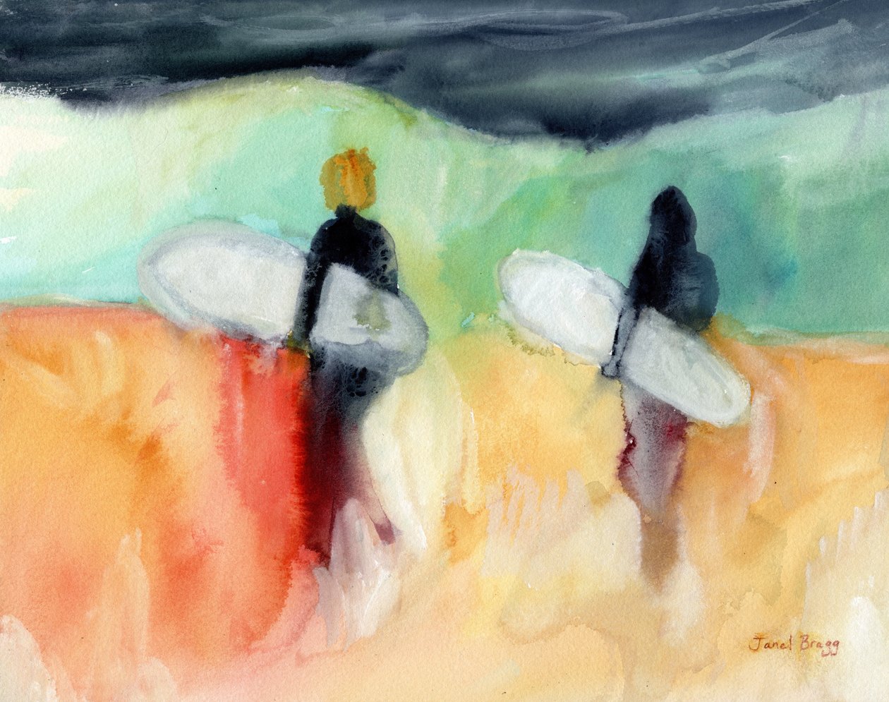 哈纳雷湾的冲浪者，约 2019 年（纸上水彩和酪蛋白） 作者 贾内尔·布拉格