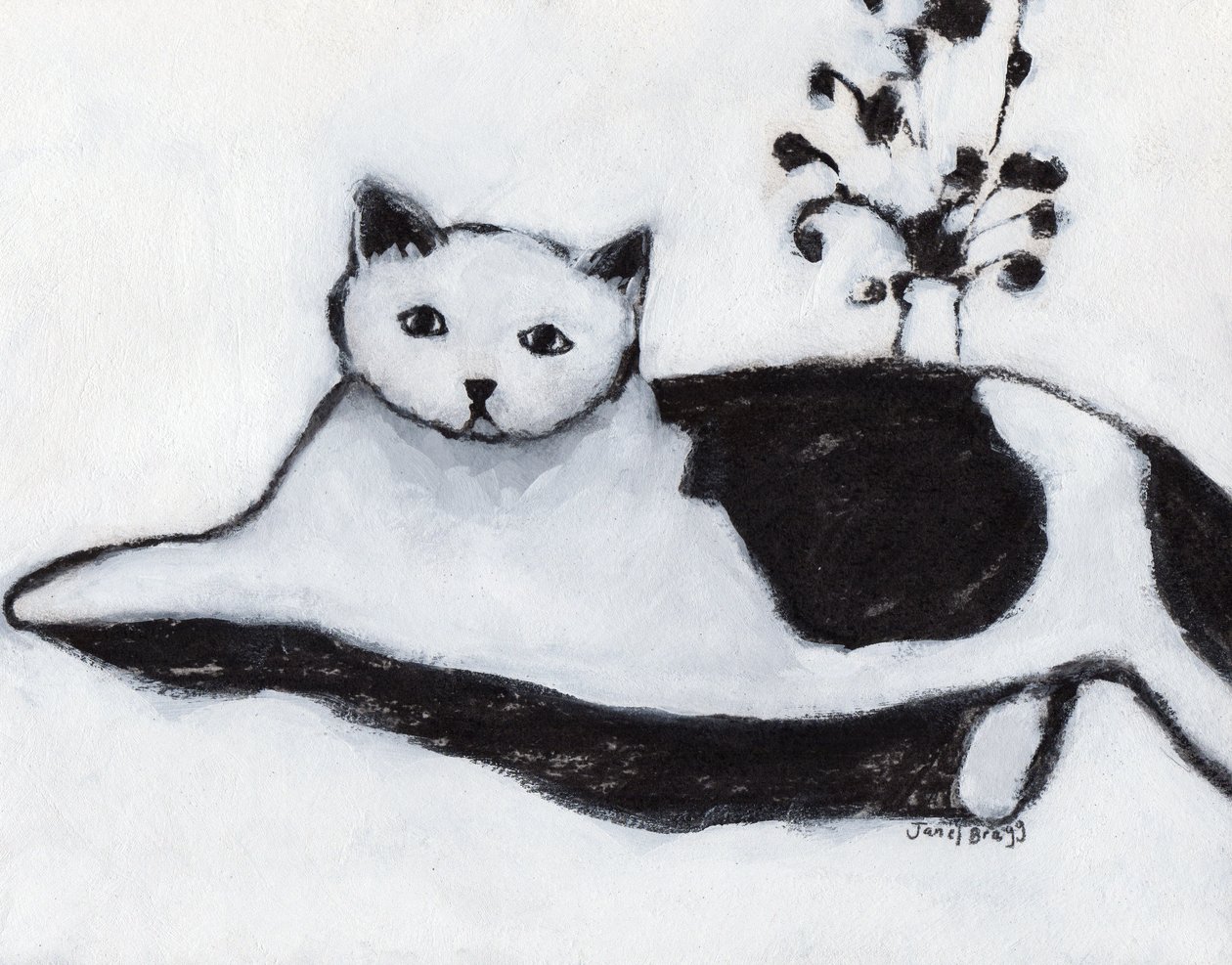 躺着的猫托马斯，约2018年（纸上混合媒介） 作者 贾内尔·布拉格