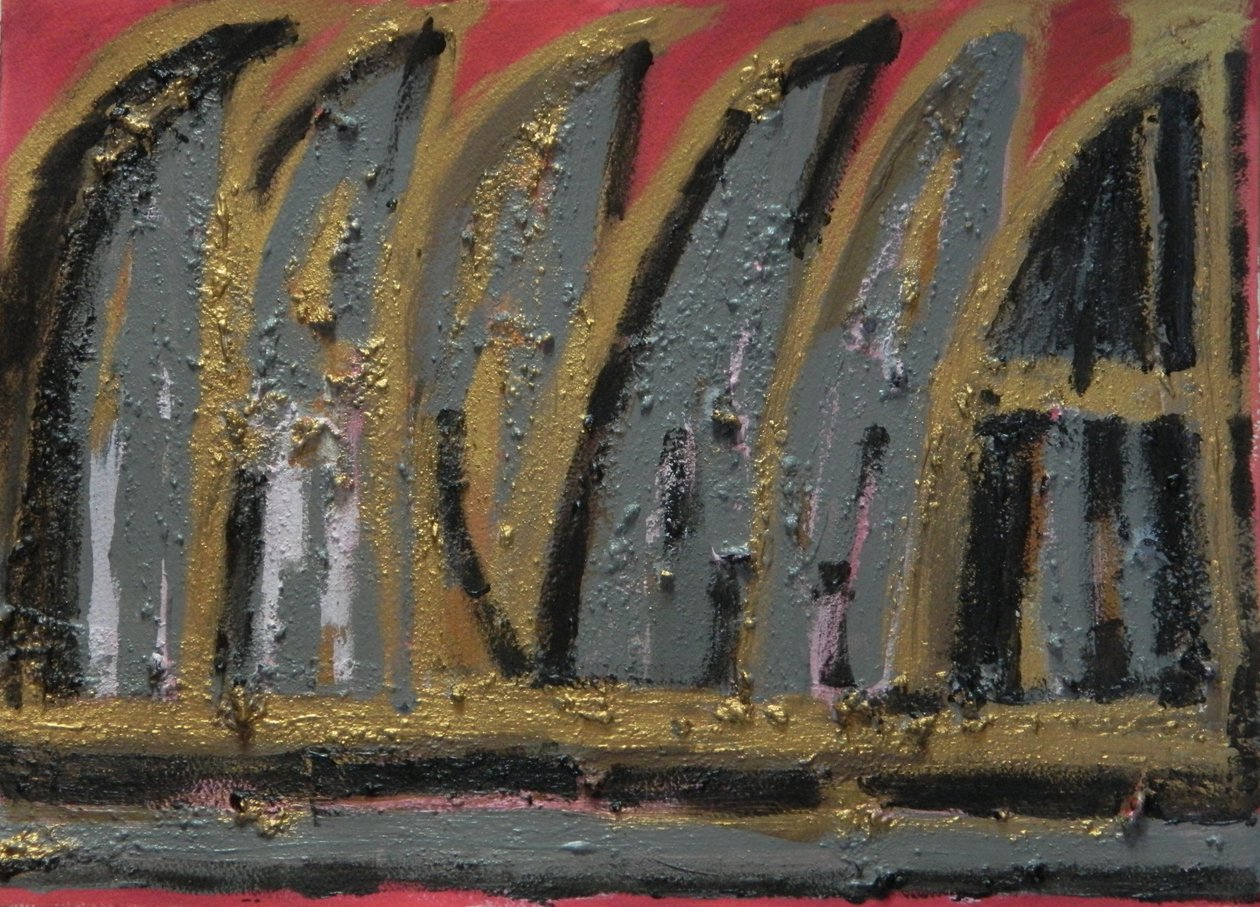 燃烧的房子, 2013 (纸上水粉、木灰和金箔) 作者 珍妮特·麦肯齐