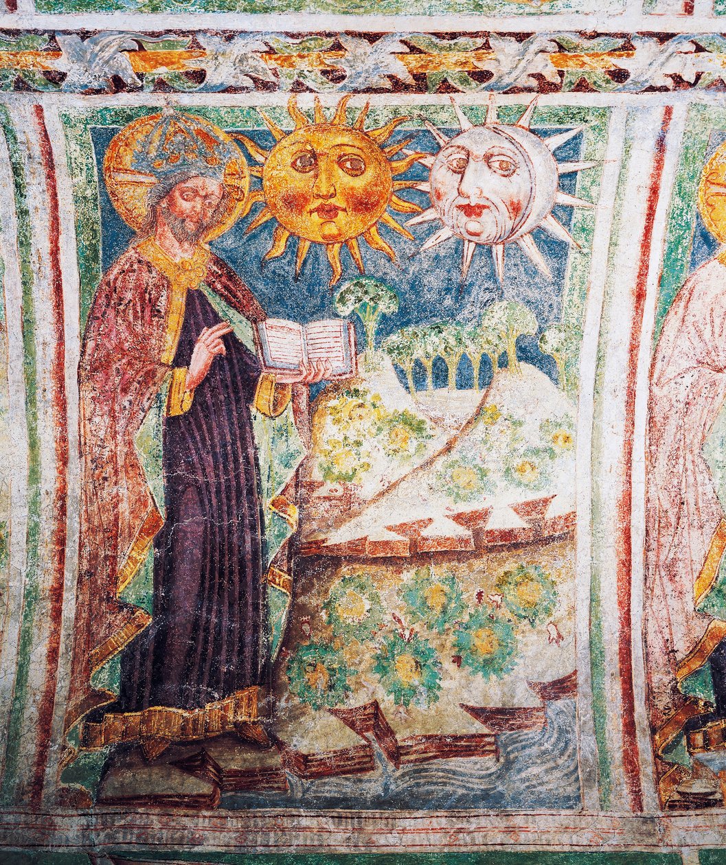 Hrastovlje强化教堂，三一教堂，创世纪，上帝创造了太阳、月亮和星星（1490），Janez Iz Kastva的壁画细节，斯洛文尼亚 作者 珍妮丝·卡斯塔夫（Janetz Kastav）