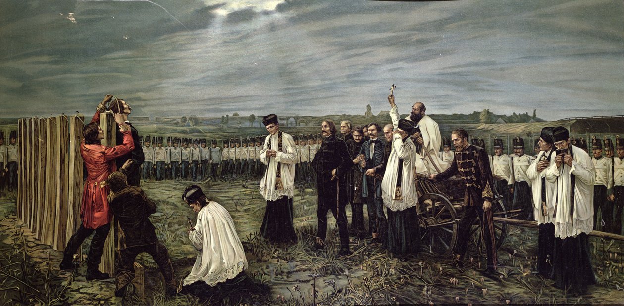 奥地利人于1849年10月6日在匈牙利阿拉德执行匈牙利军官，1893年（chromolitho） 作者 贾诺斯·索玛（Janos Thorma）