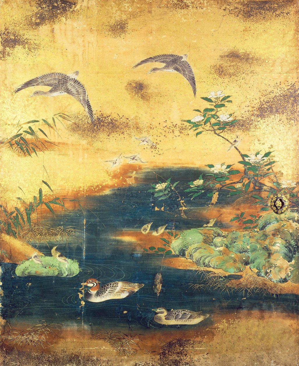 鸟和花滑动门板（纸张上的墨水，颜色，金银） 作者 日本学校