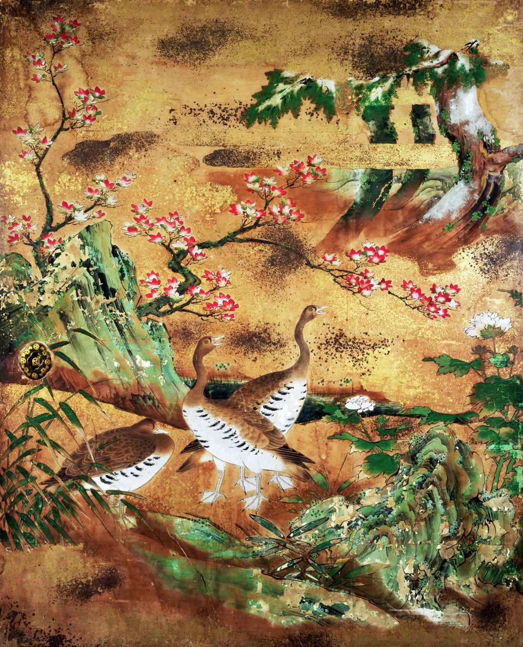 鸟和花滑动门板（纸张上的墨水，颜色，金银） 作者 日本学校