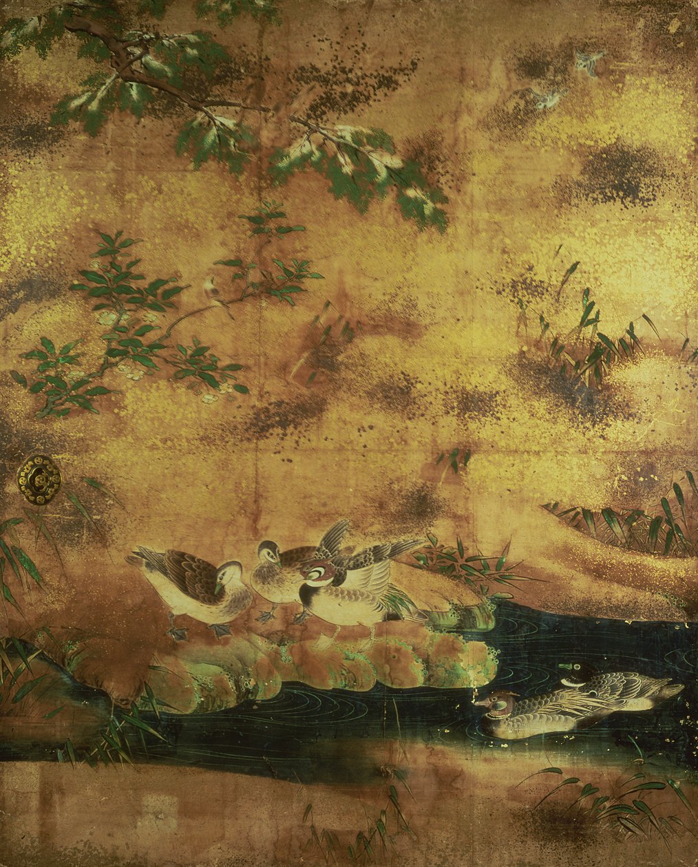 鸟和花滑动门板（纸张上的墨水，颜色，金银） 作者 日本学校