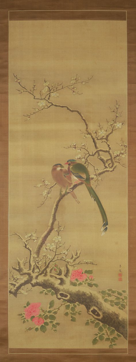 白雪皑皑的树枝上的鸟（墨水和丝绸上的颜色） 作者 日本学校