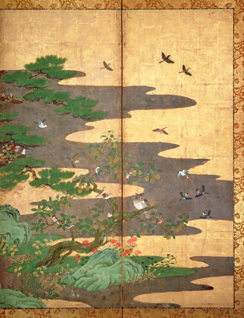 秋天和冬天的花鸟（面板上的钢笔墨水，颜色和金纸）（见216542,216543,216544） 作者 日本学校