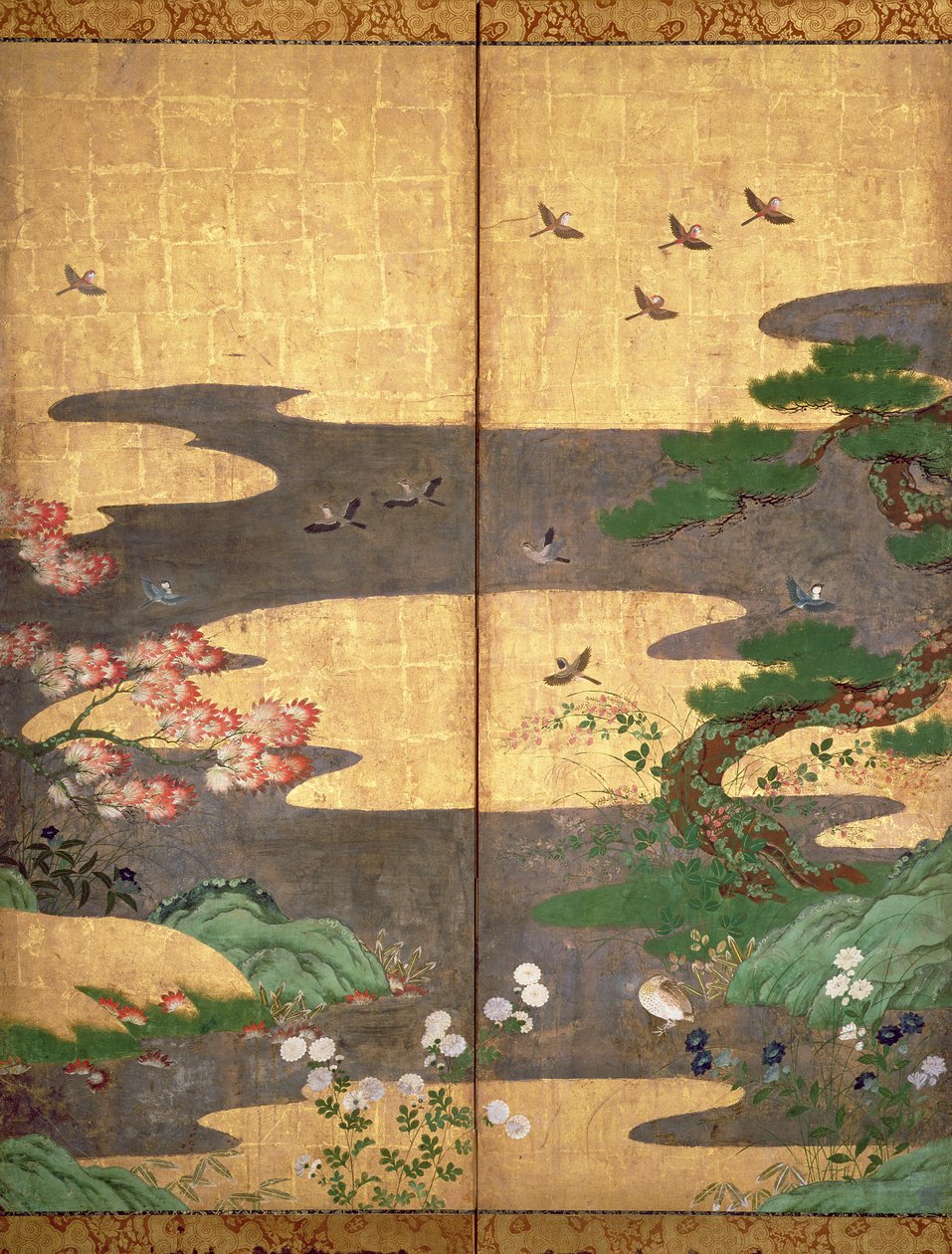 秋天和冬天的花鸟（面板上的钢笔墨水，颜色和金纸）（见216542,216543,216545） 作者 日本学校