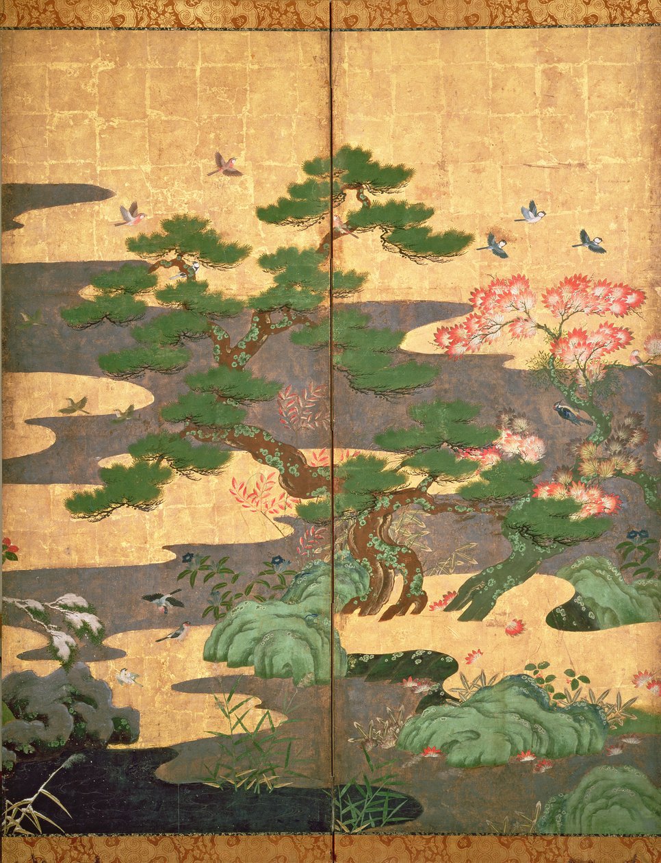 秋天和冬天的花鸟（笔和墨水，颜色和面板上的金纸）（见216542,216544,216545） 作者 日本学校
