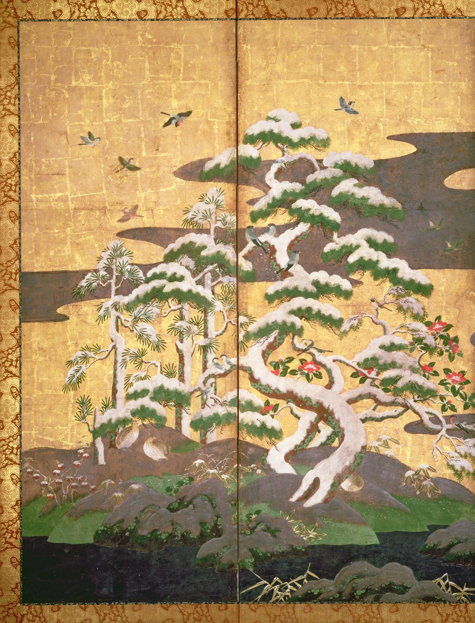 秋天和冬天的花鸟（面板上的钢笔墨水，颜色和金纸）（见216543,216544,216545） 作者 日本学校