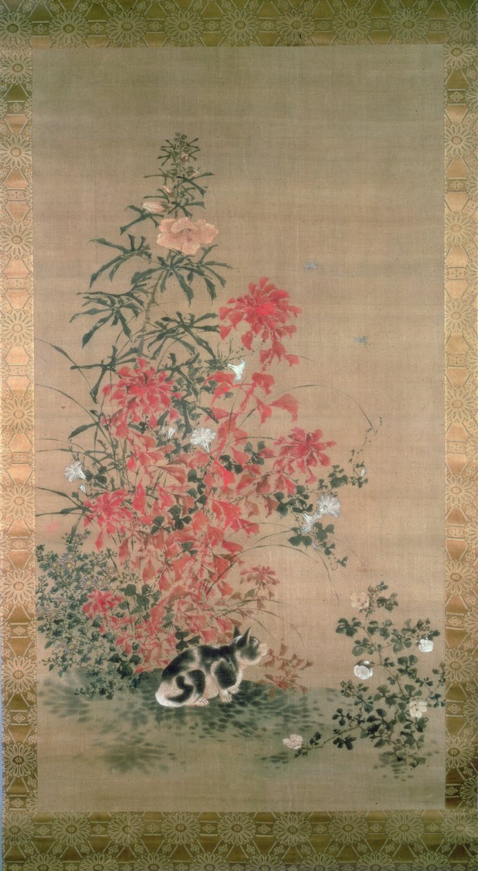 花中的猫（丝绸上的墨水和颜色） 作者 日本学校