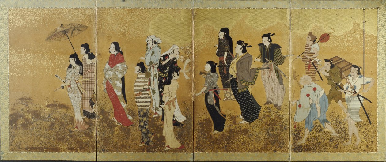 樱花观赏野餐，c.1624-44（四重屏幕，墨水，颜色和金箔在纸上） 作者 日本学校