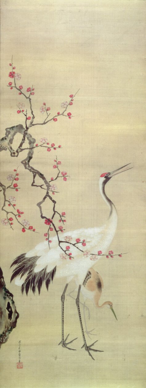 Crane and Blossom，c.1850-80（丝绸上的墨水和颜色） 作者 日本学校