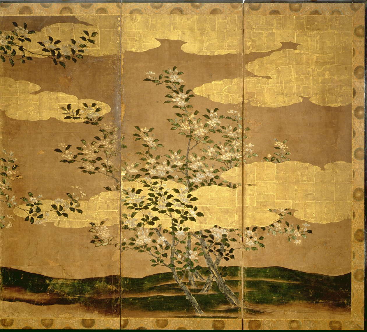 山茶花（笔和墨水，颜色，面板上的金纸）（见216565） 作者 日本学校