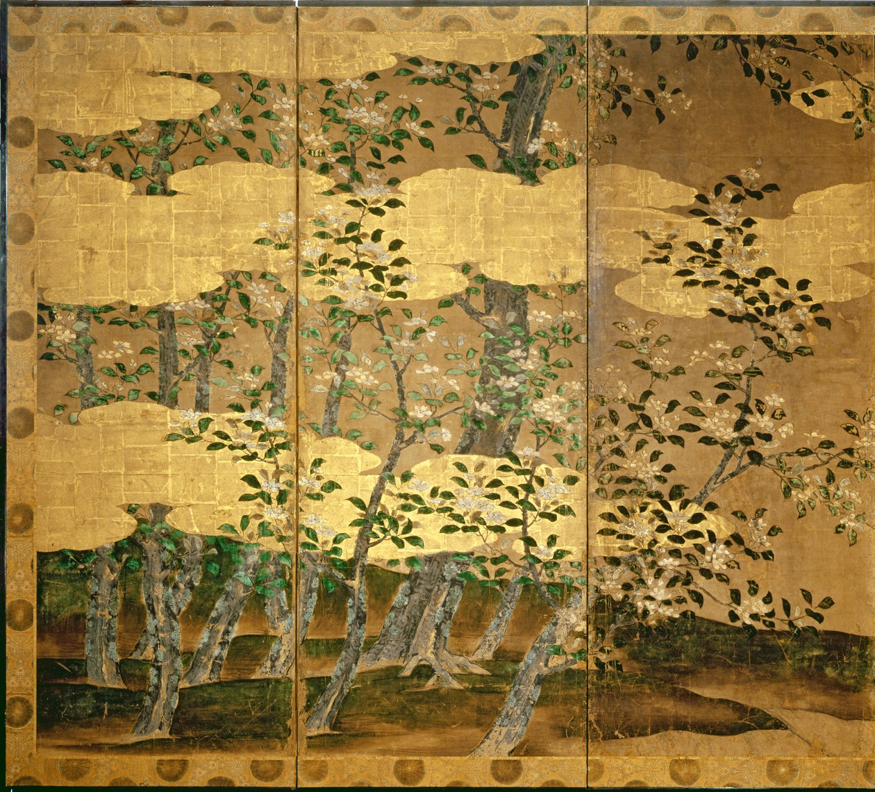 山茶花（笔和墨水，颜色，面板上的金纸）（见216566） 作者 日本学校