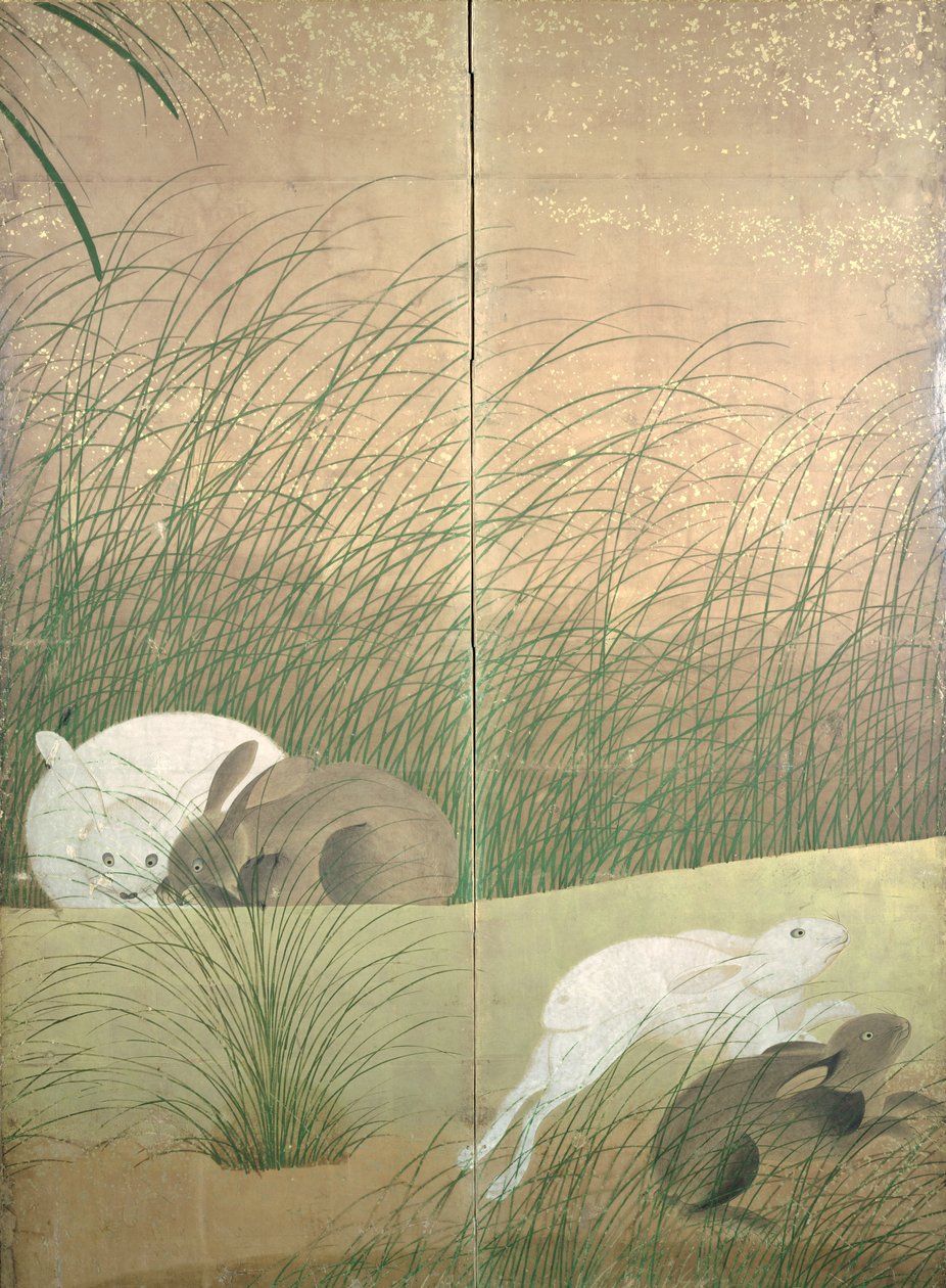 野兔和秋草，c.1700（墨水，颜色和纸上的金） 作者 日本学校