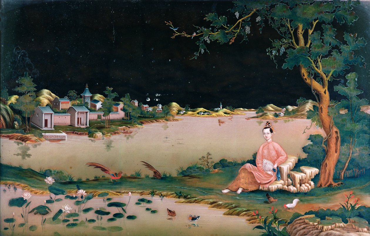 显示女孩的日本镜子绘画安装，c.1800 作者 日本学校