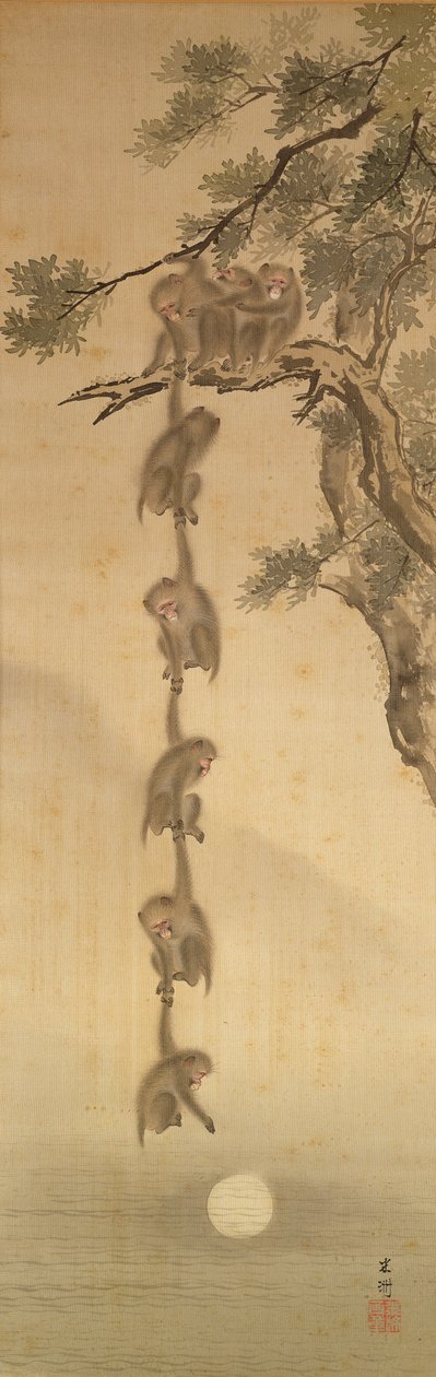 猴子到达月亮，江户时代（1603-1867）（墨水在纸上） 作者 日本学校