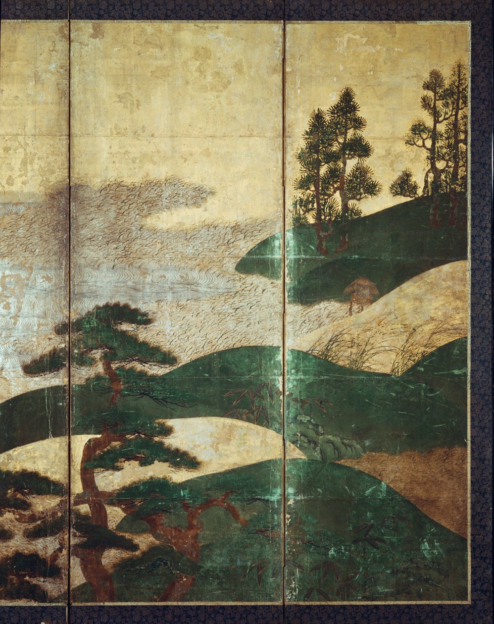 月光景观（钢笔和墨水，颜色，面板上的金纸）（见216573,216574） 作者 日本学校