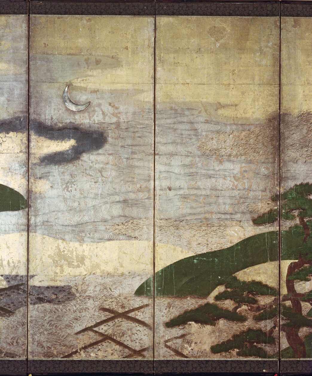 月光景观（钢笔和墨水，颜色，面板上的金纸）（见216573,216575） 作者 日本学校