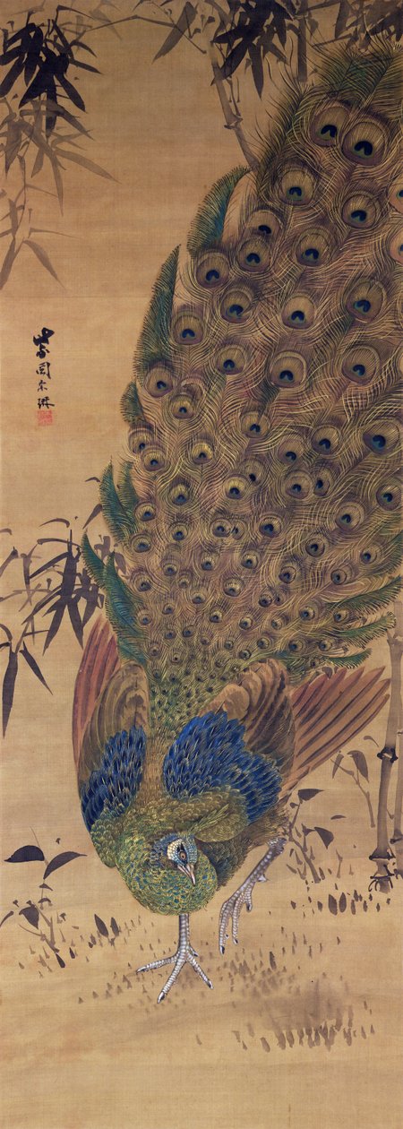 孔雀和竹子（丝绸上的墨水和颜色） 作者 日本学校