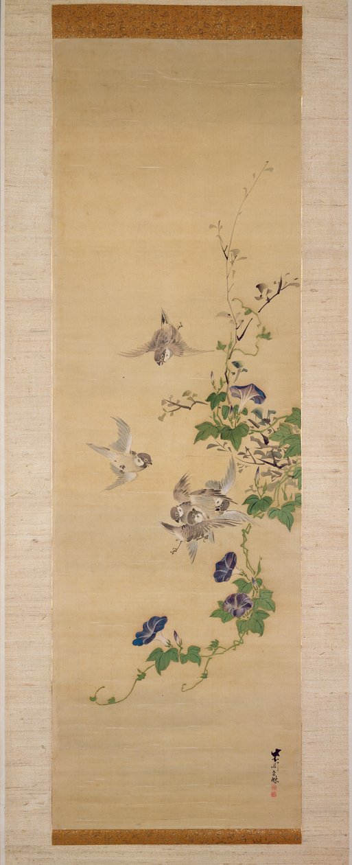 麻雀和牵牛花（丝绸上的墨水和颜色） 作者 日本学校