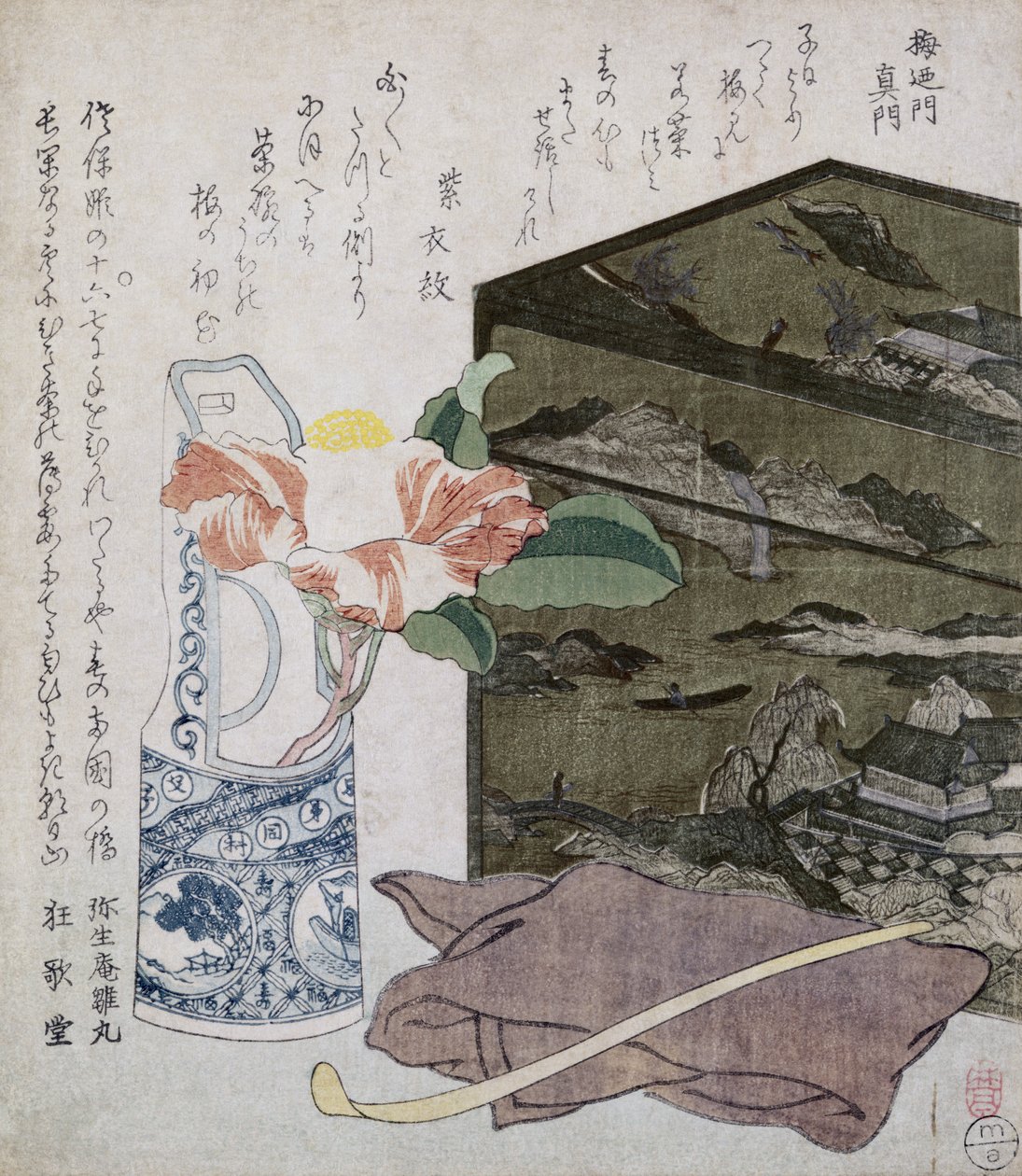 静物与Camelia，c.1820（彩色木版画） 作者 日本学校