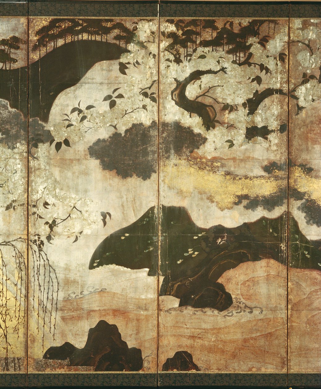 阳光明媚的风景（笔和墨水，颜色，面板上的金纸）（见216576,21678） 作者 日本学校