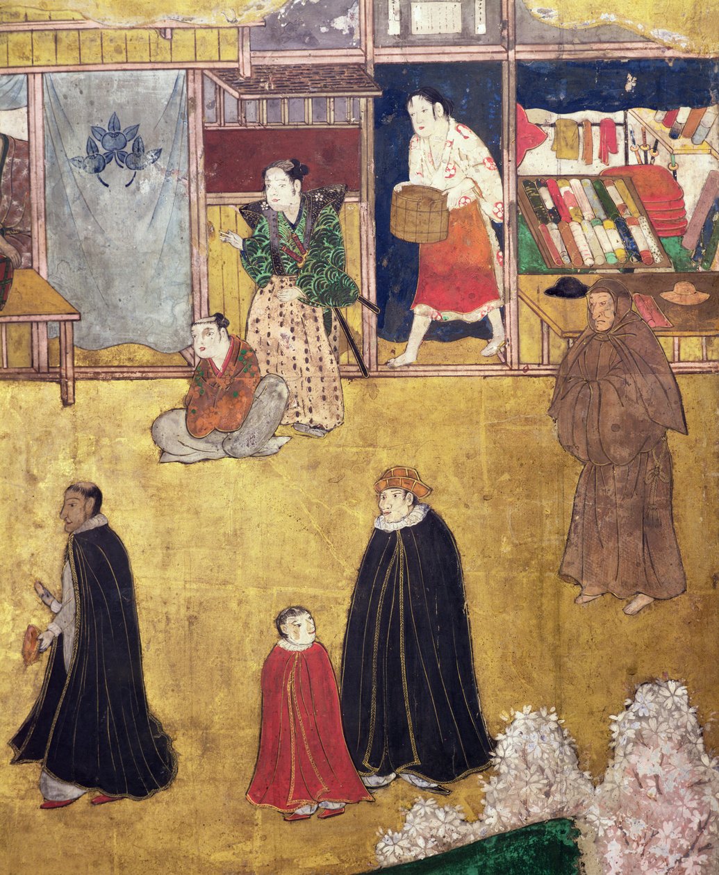 葡萄牙人在日本的到来，来自Namban Byobu屏幕的商店细节，1594-1618 作者 日本学校