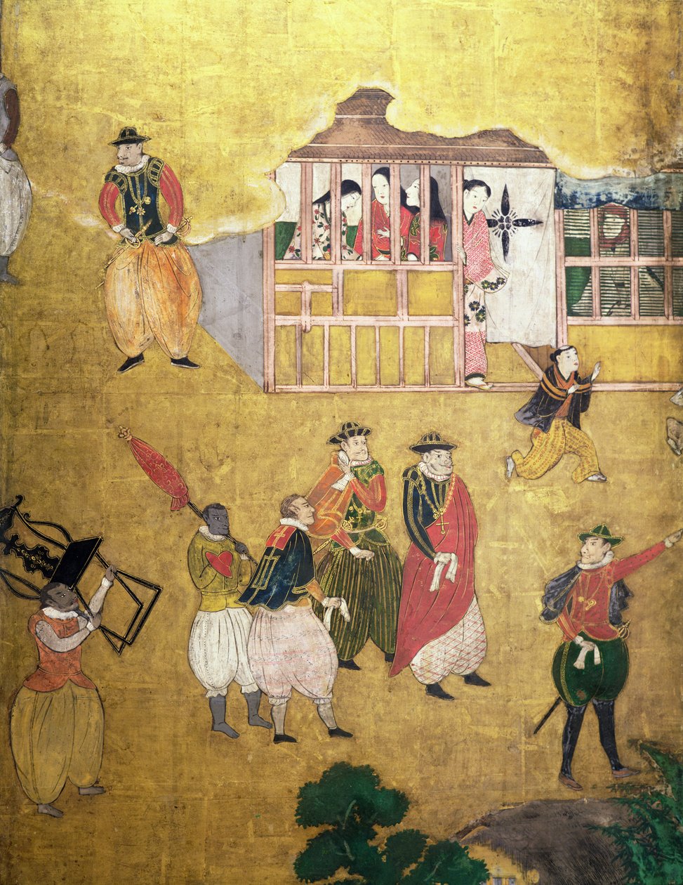 葡萄牙人在日本的到来，葡萄牙人的细节来自Namban Byobu屏幕，1594-1618 作者 日本学校