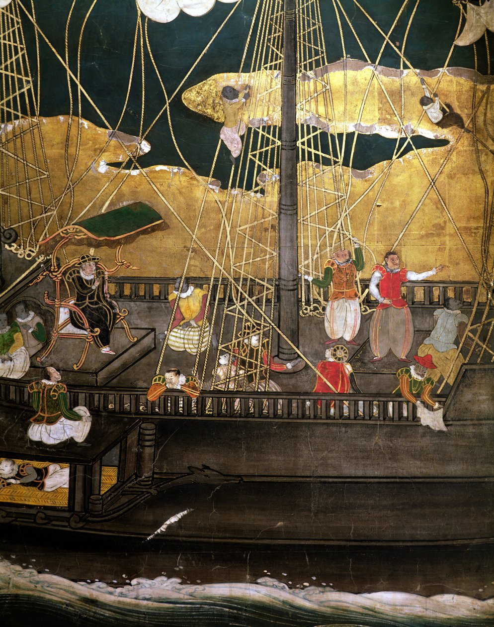 日本葡萄牙人的到来，葡萄牙船的细节，从Namban Byobu屏幕，1594-1618 作者 日本学校