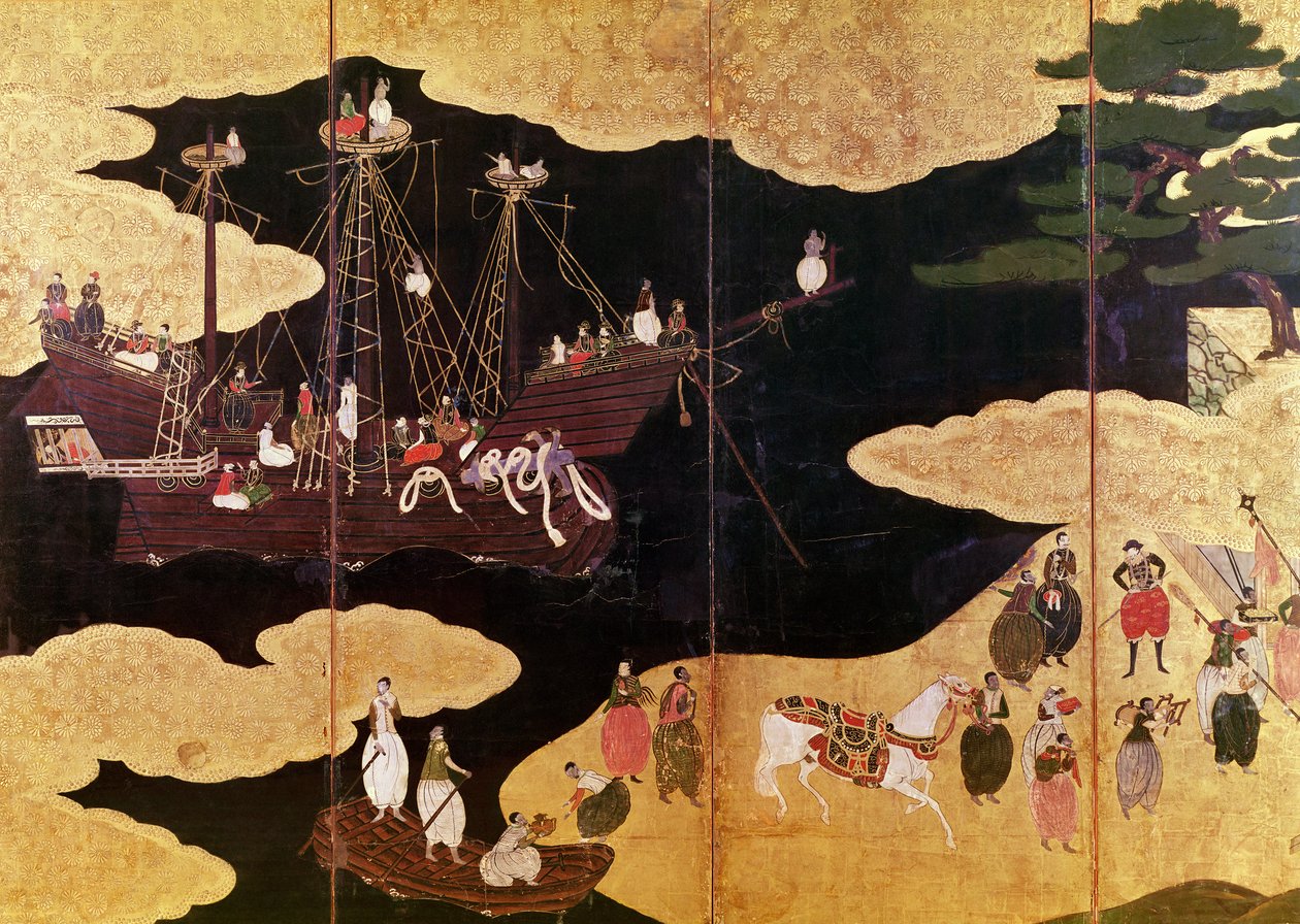 葡萄牙人在日本的到来，折叠屏左侧部分的详细信息，卡诺学校（漆器） 作者 日本学校