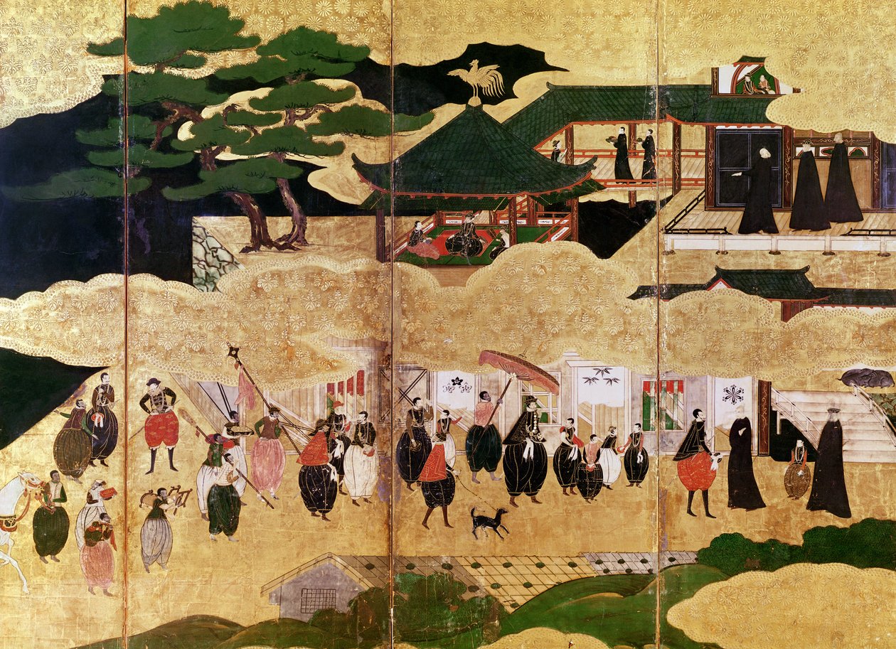葡萄牙人在日本的到来，折叠屏右手部分的详细信息，卡诺学校（漆器） 作者 日本学校