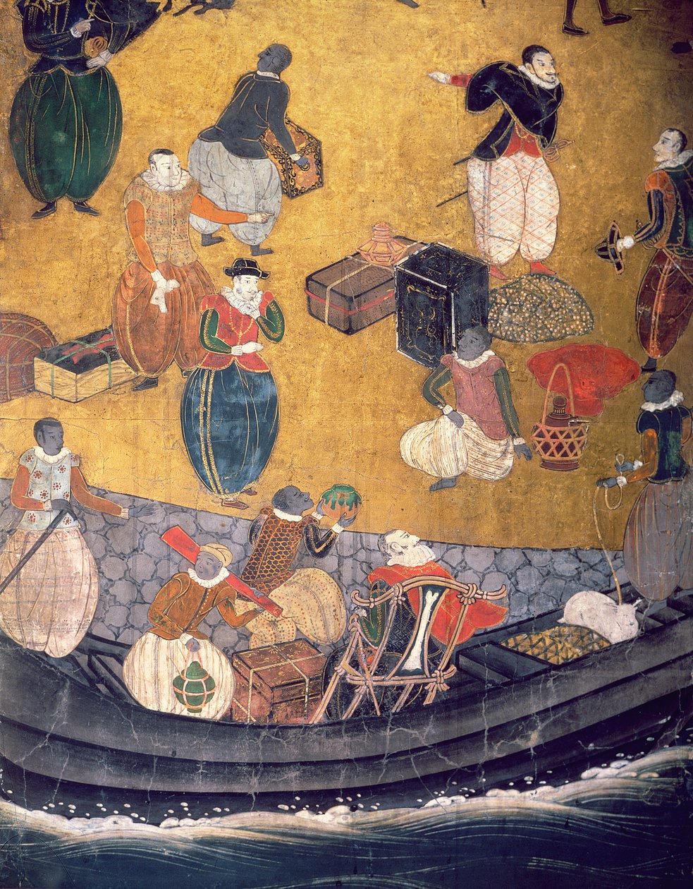 葡萄牙人在日本的到货，卸货商品的详细信息，来自Namban Byobu屏幕，1594-1618 作者 日本学校