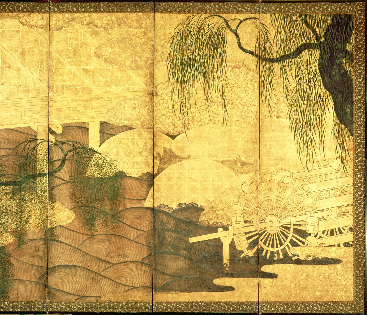 利基河上的桥（面板上的钢笔墨水，彩色和金色纸）（见216569） 作者 日本学校