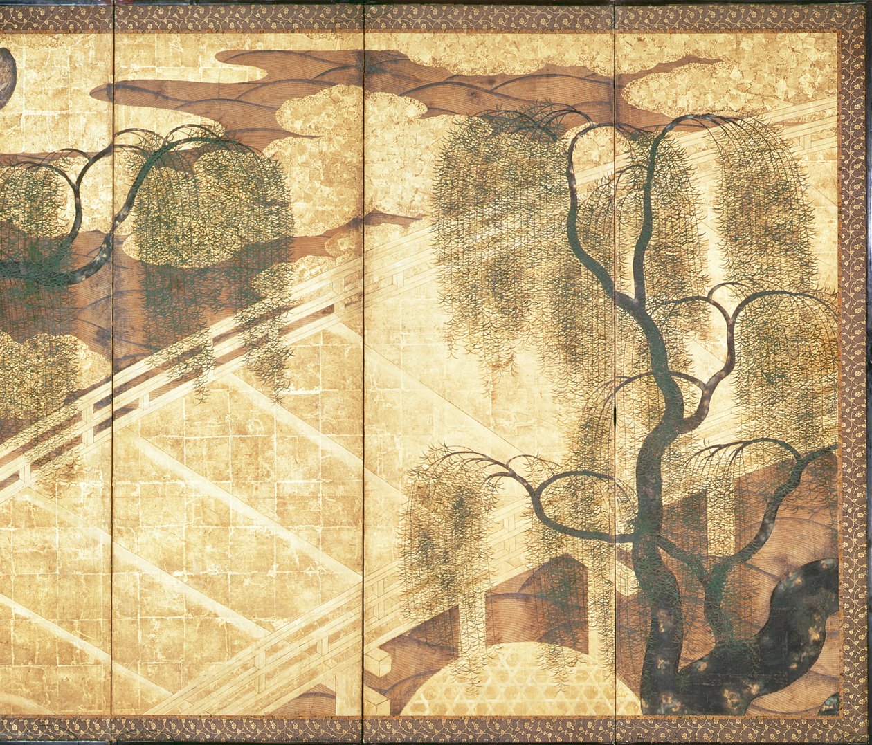 利基河上的桥（面板上的钢笔墨水，彩色和金色纸）（见216571） 作者 日本学校
