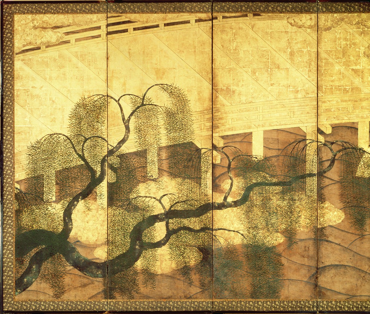 利基河上的桥（面板上的墨水，颜色和金纸）（见216570） 作者 日本学校