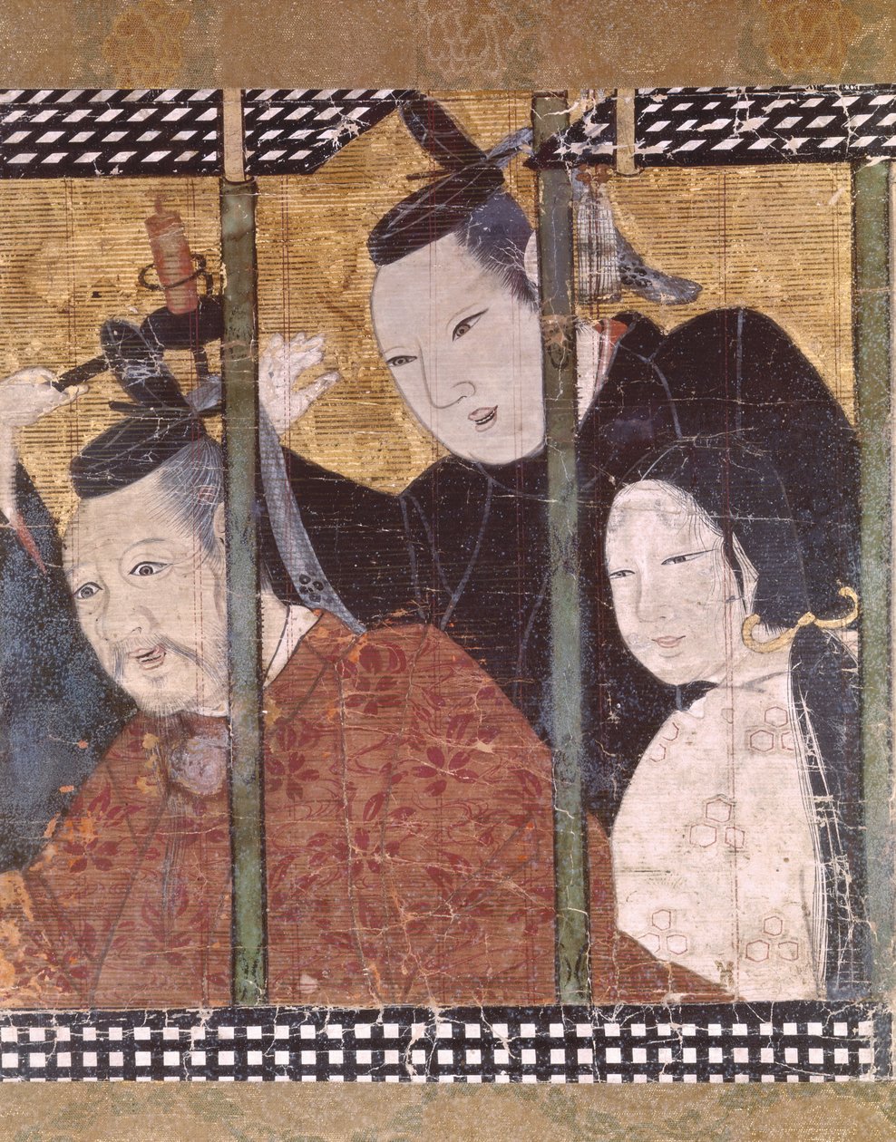 两个男人和一个女人在遮阳篷后面，细节从屏幕，15-18世纪 作者 日本学校