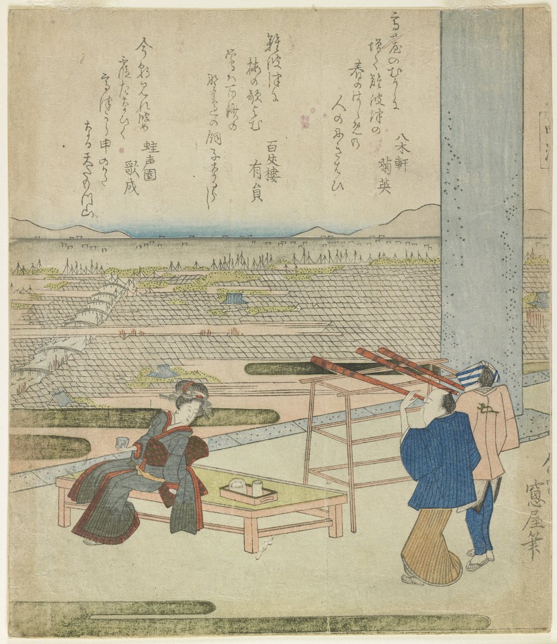 （女人和两个男人享受从山上建筑的视图），1820年代（彩色木版画） 作者 日本学校