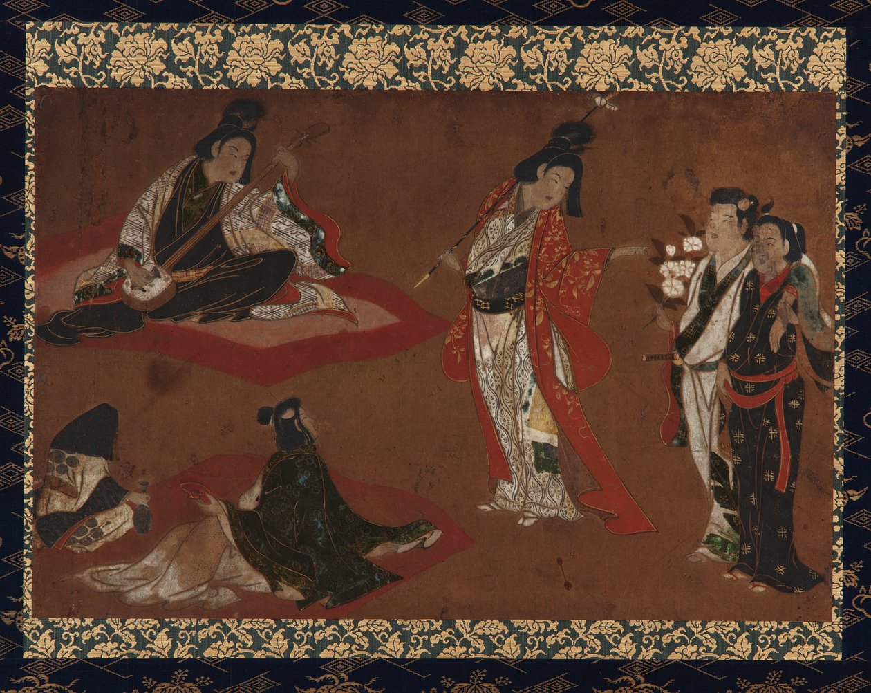 一个野餐派对，挂轴（安装在面板上），17世纪初（纸上的颜色和金色） 作者 日本学校