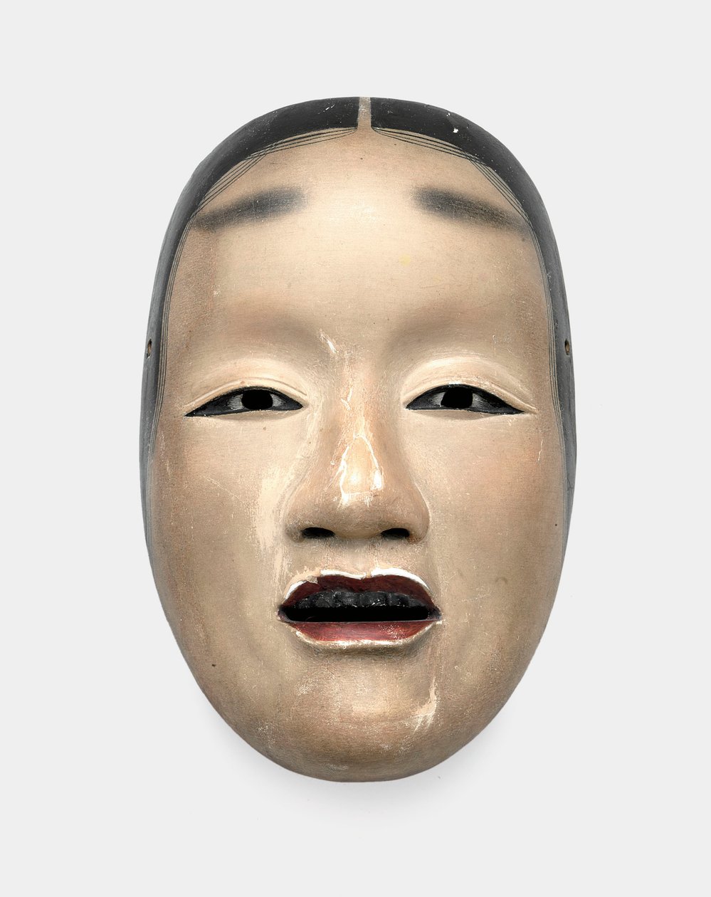 木质面罩，带有gofun底漆，为头发，眼睛和牙齿涂上漆黑，为嘴唇涂红色 作者 日本学校