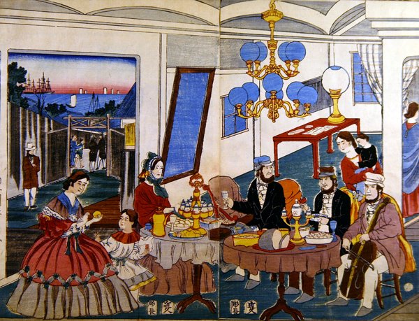 美国或欧洲家庭在日本，约1860年（彩色木刻）。 作者 日本学校