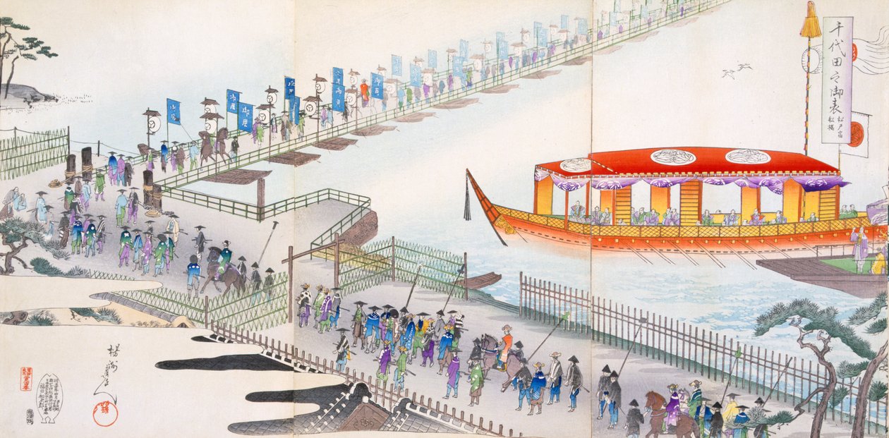 参加艺术节：穿过浮桥到圣地（彩色木版画） 作者 日本学校