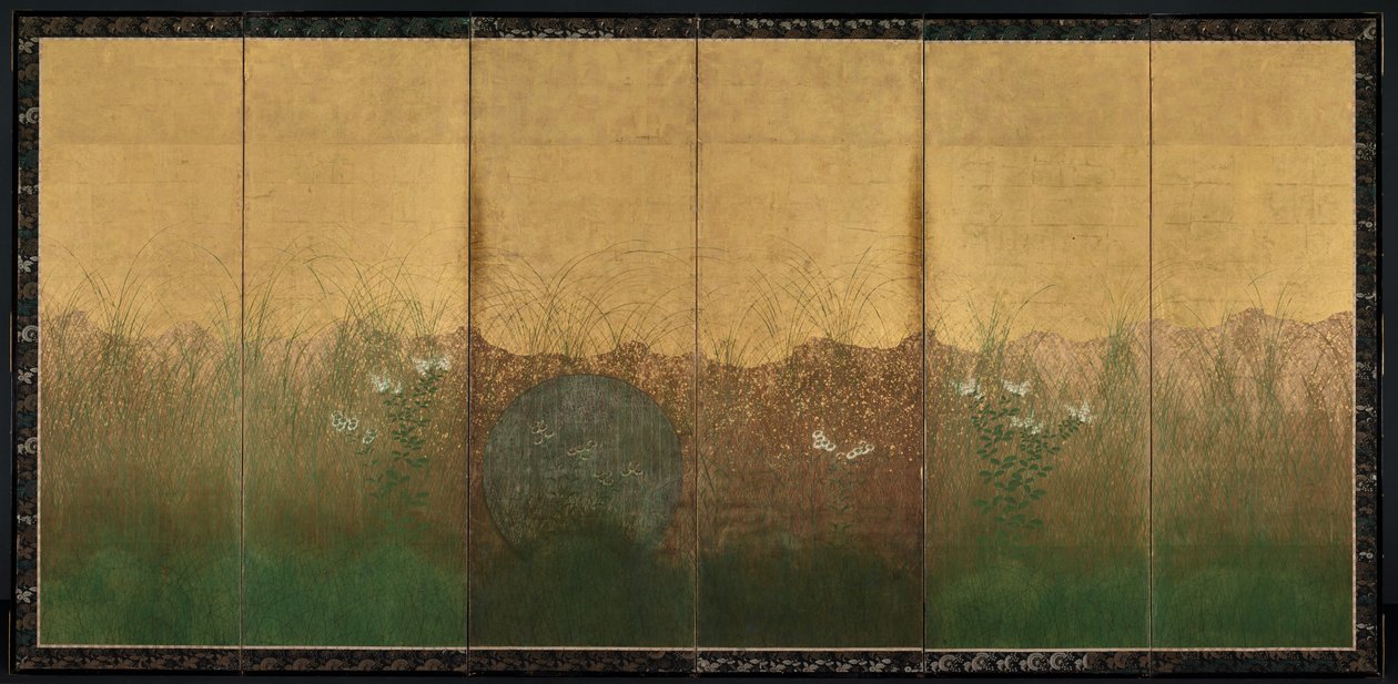 武藏野平原上的满月秋夜，一对六重屏风之一，早于1600年代（镀金纸上的墨水，彩色和金色和银色箔纸） 作者 日本学校
