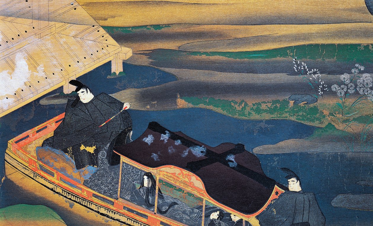 月光下的小船，藤原信真（Fujiwara Nobuzane，1176-1265）绘制，插图来自紫式部日记，日本文明 作者 日本学校
