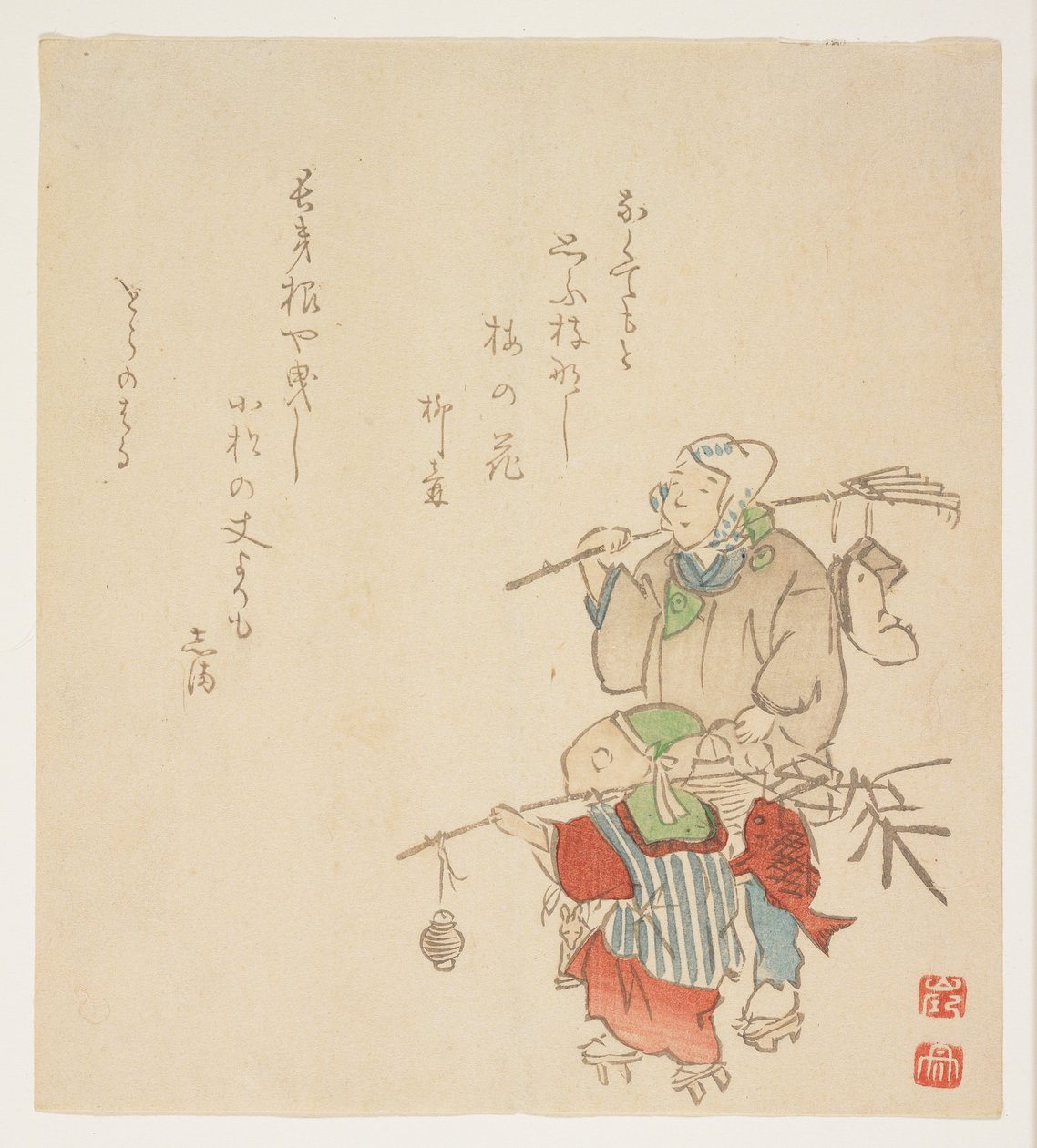 携带新年装饰品，1854年1月（彩色木版画） 作者 日本学校