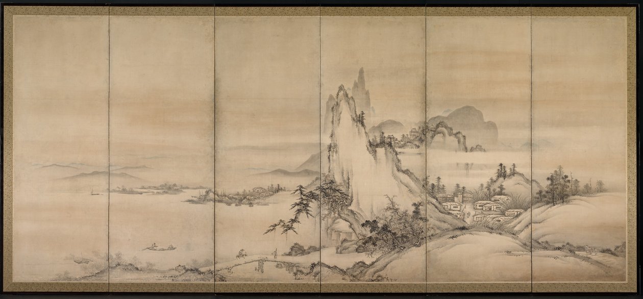 中国风景，一对六折屏风之一 作者 日本学校