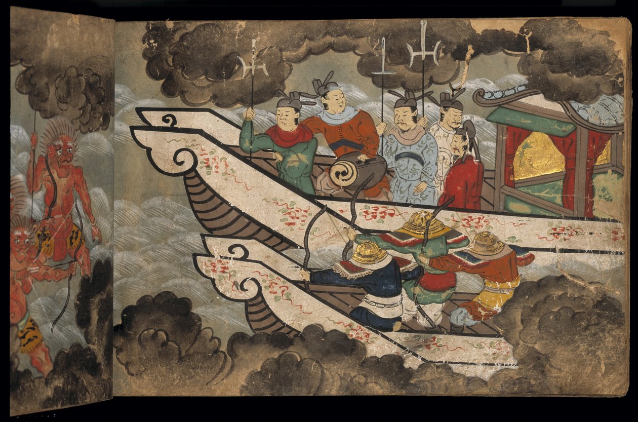 船上的中国士兵，选自《大食馆》的插图（纸本水墨彩色画） 作者 日本学校
