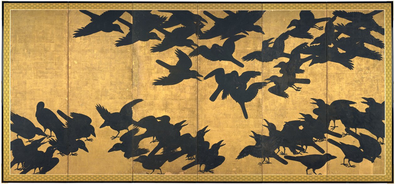 Crows, early 17th century (Pair of six panel screens; ink and gold on paper) 作者 日本学校