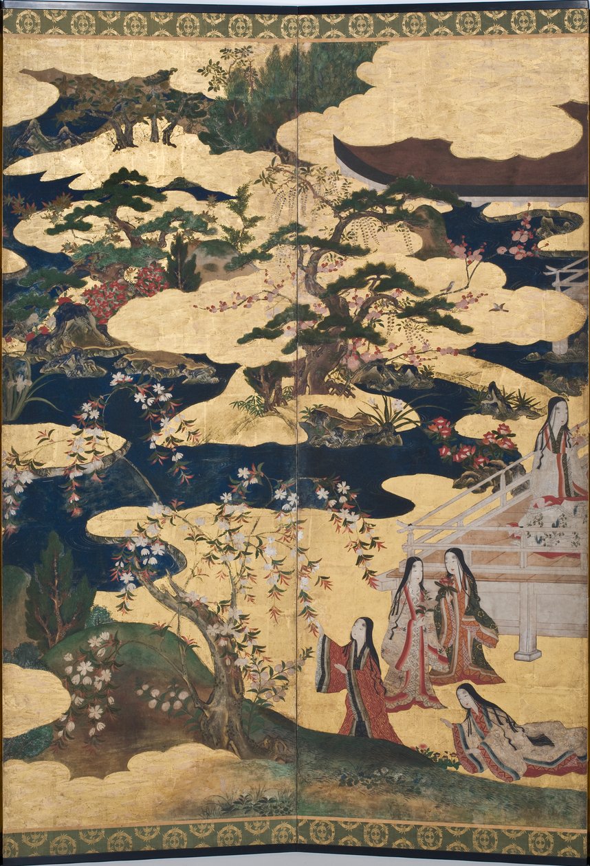 宫殿里的春天的细节，源于源氏物语的六重屏幕，c.1650（墨水，颜色和纸上的黄金） 作者 日本学校