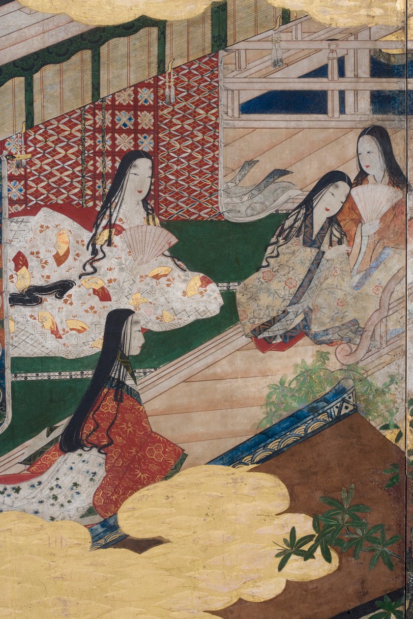 宫殿里的春天的细节，源于源氏物语的六重屏幕，c.1650（墨水，颜色和纸上的黄金） 作者 日本学校